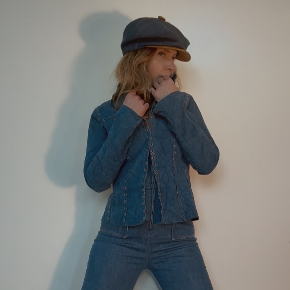 Vintage Denim Workwear Cap w/ Leather Brim 1970s Americana  Unisex